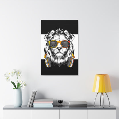 "Cool Lion with Headphones & Shades Wall Art on canvas, acrylic, and metal – front view of urban music-inspired design"
