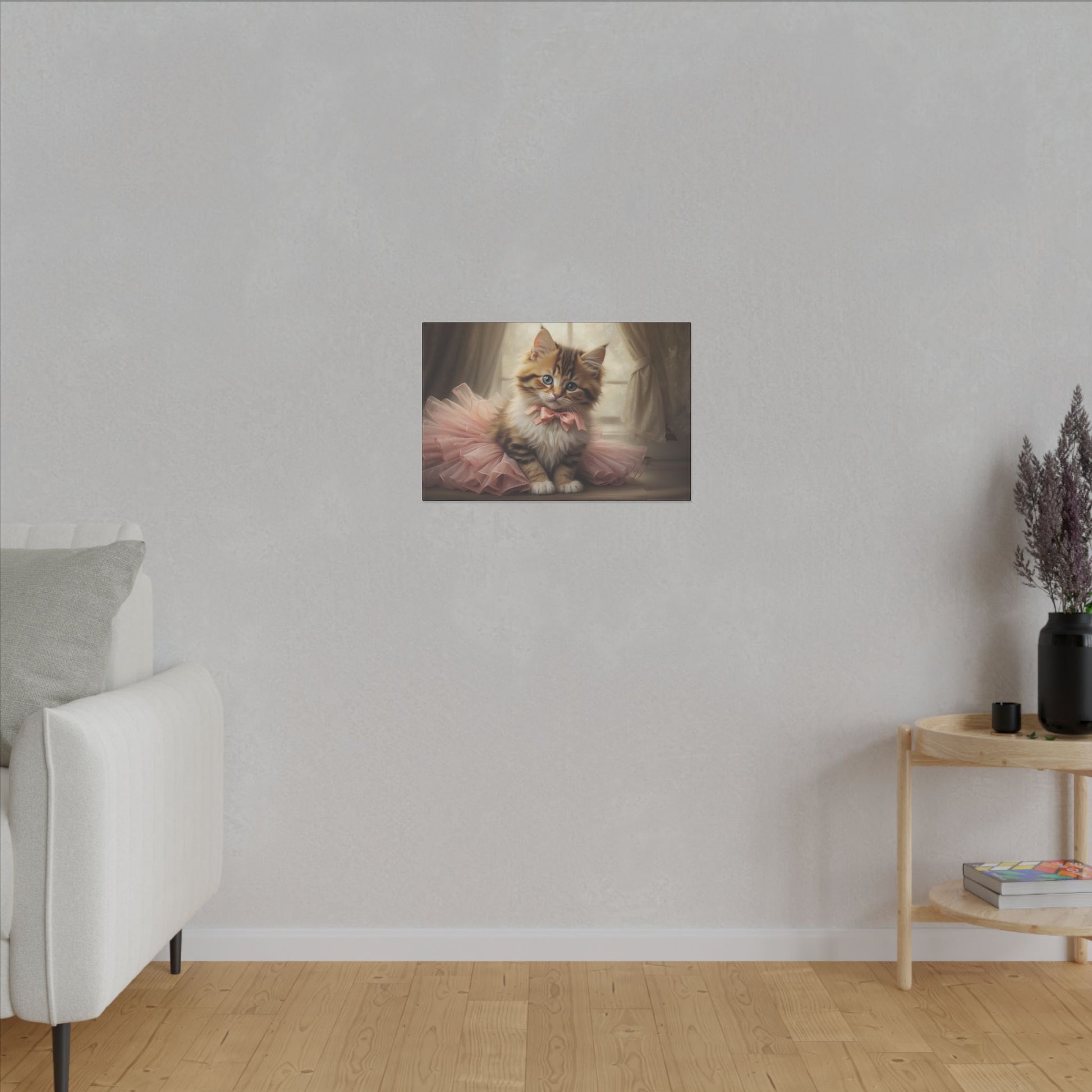 "Kitten in a Tutu Wall Art on premium canvas, acrylic, and metal – front view featuring an adorable kitten in a tutu"
