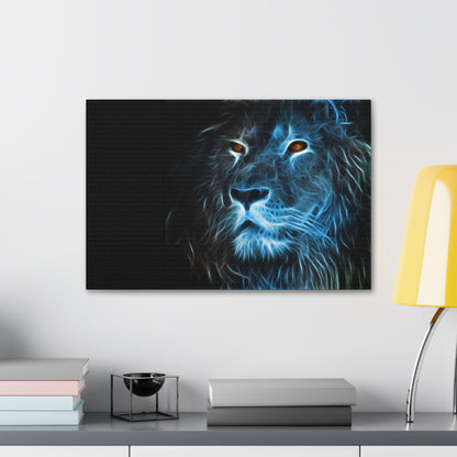 "Azure Majesty – Blue Line Art Lion Wall Print on canvas, acrylic, and metal – front view featuring a striking lion composed of bold blue lines."
