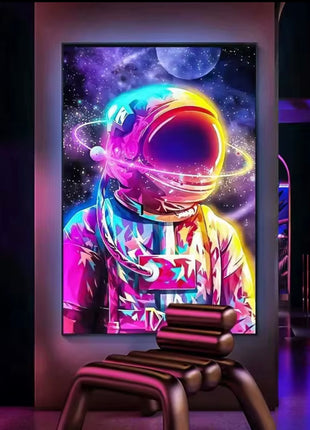 Modern 16x24 RGB LED lightbox frame displaying illuminated acrylic artwork in a living room