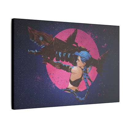 "Jinx from Arcane Wall Art on premium canvas, acrylic, and metal – front view featuring the edgy character Jinx"
