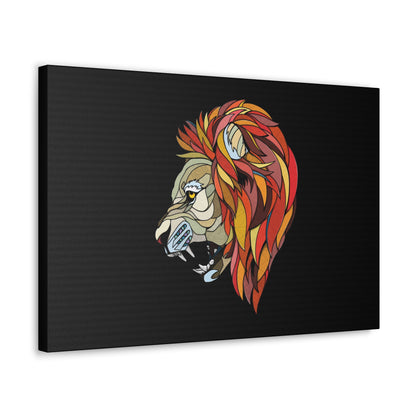 "Prismatic King – Geometric Shape Lion Wall Art on canvas, acrylic, and metal – front view featuring a bold lion made of angular geometric patterns."
