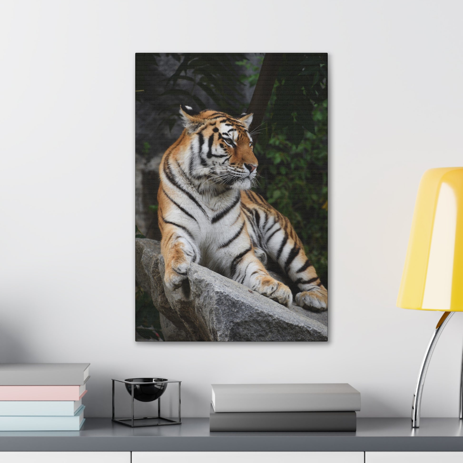 "Stone Throne – Tiger Resting on a Rock Wall Art on canvas, acrylic, and metal – front view featuring a powerful tiger reclining on a rugged rock."
