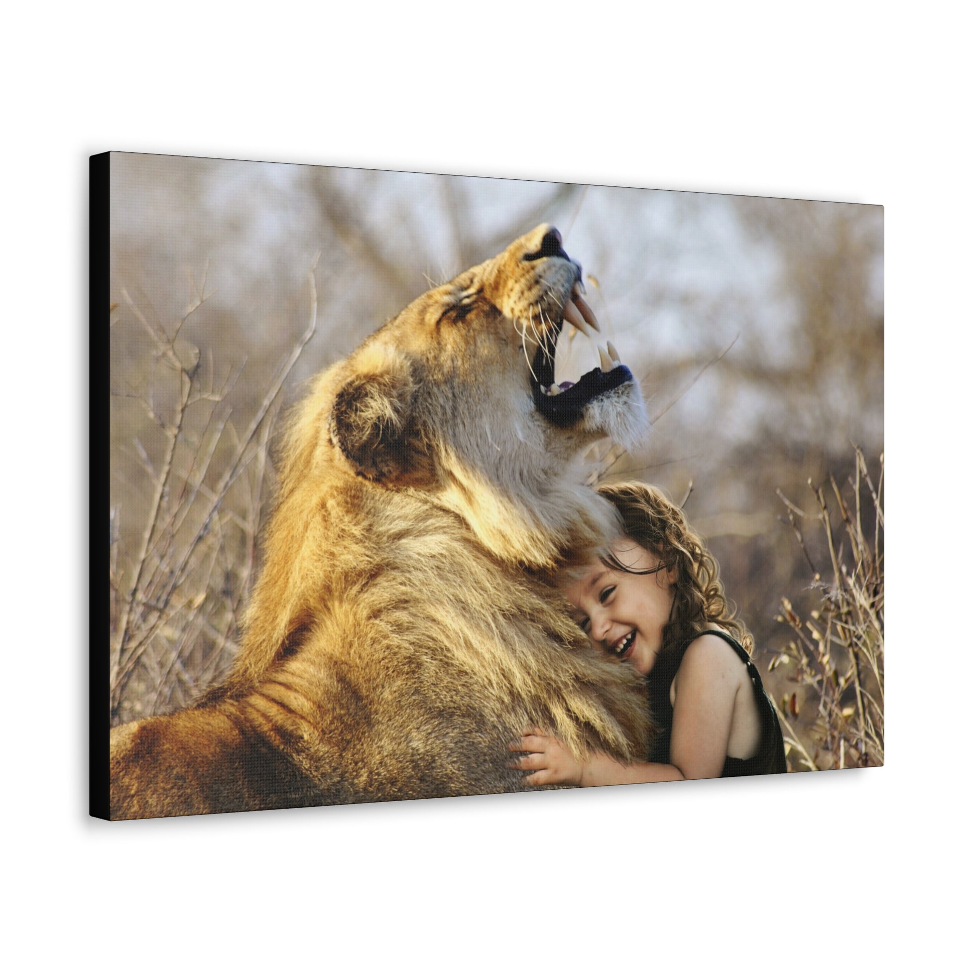 "Guardian’s Embrace – Lion and Little Girl Wall Art on canvas, acrylic, and metal – front view featuring a heartwarming embrace between a lion and child."
