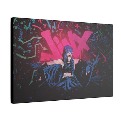 "Jinx from Arcane Wall Art on premium canvas, acrylic, and metal – front view featuring the edgy character Jinx"
