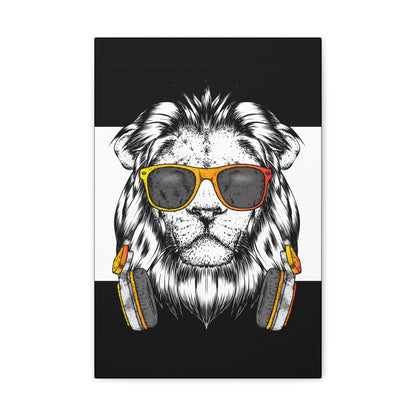 "Cool Lion with Headphones & Shades Wall Art on canvas, acrylic, and metal – front view of urban music-inspired design"
