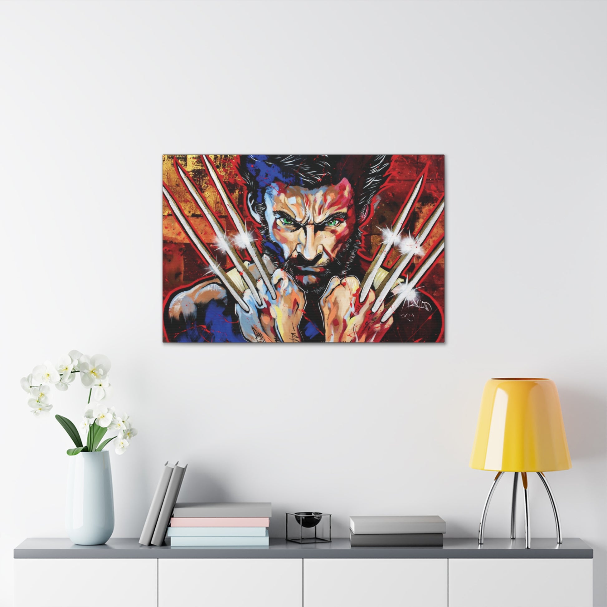 "Berserker Brilliance – Vibrant Wolverine Claws Out Wall Art on canvas, acrylic, and metal – front view featuring Wolverine in a dynamic, colorful stance."
