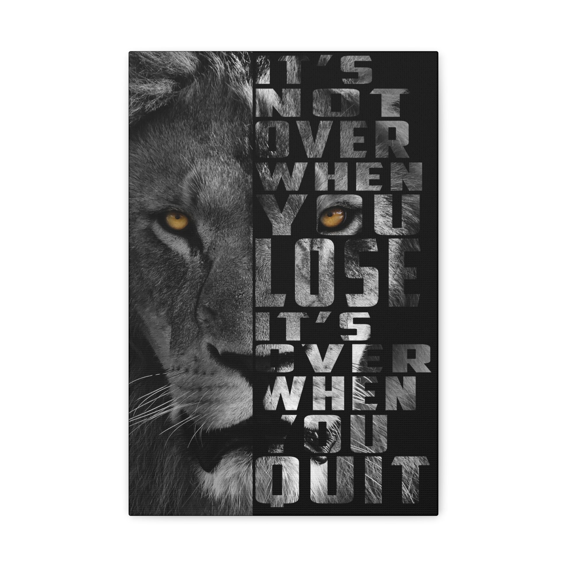 "It’s Not Over – Motivational Lion Wall Art on canvas, acrylic, and metal – front view featuring bold lion and inspiring quote"

