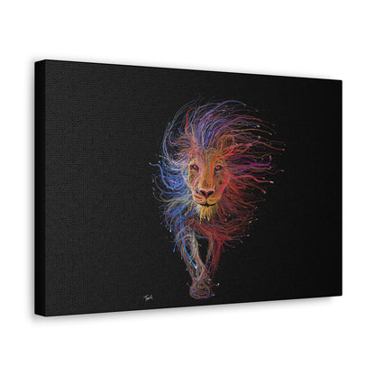 "Spectrum King – Vibrant Line Art Lion Wall Print on canvas, acrylic, and metal – front view featuring a colorful abstract lion shape."
