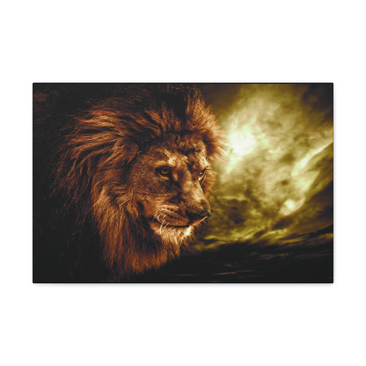 "Celestial King – Lion with Cloudscape Wall Art on canvas, acrylic, and metal – front view featuring a majestic lion against a dramatic sky."