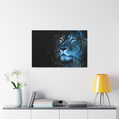 "Azure Majesty – Blue Line Art Lion Wall Print on canvas, acrylic, and metal – front view featuring a striking lion composed of bold blue lines."
