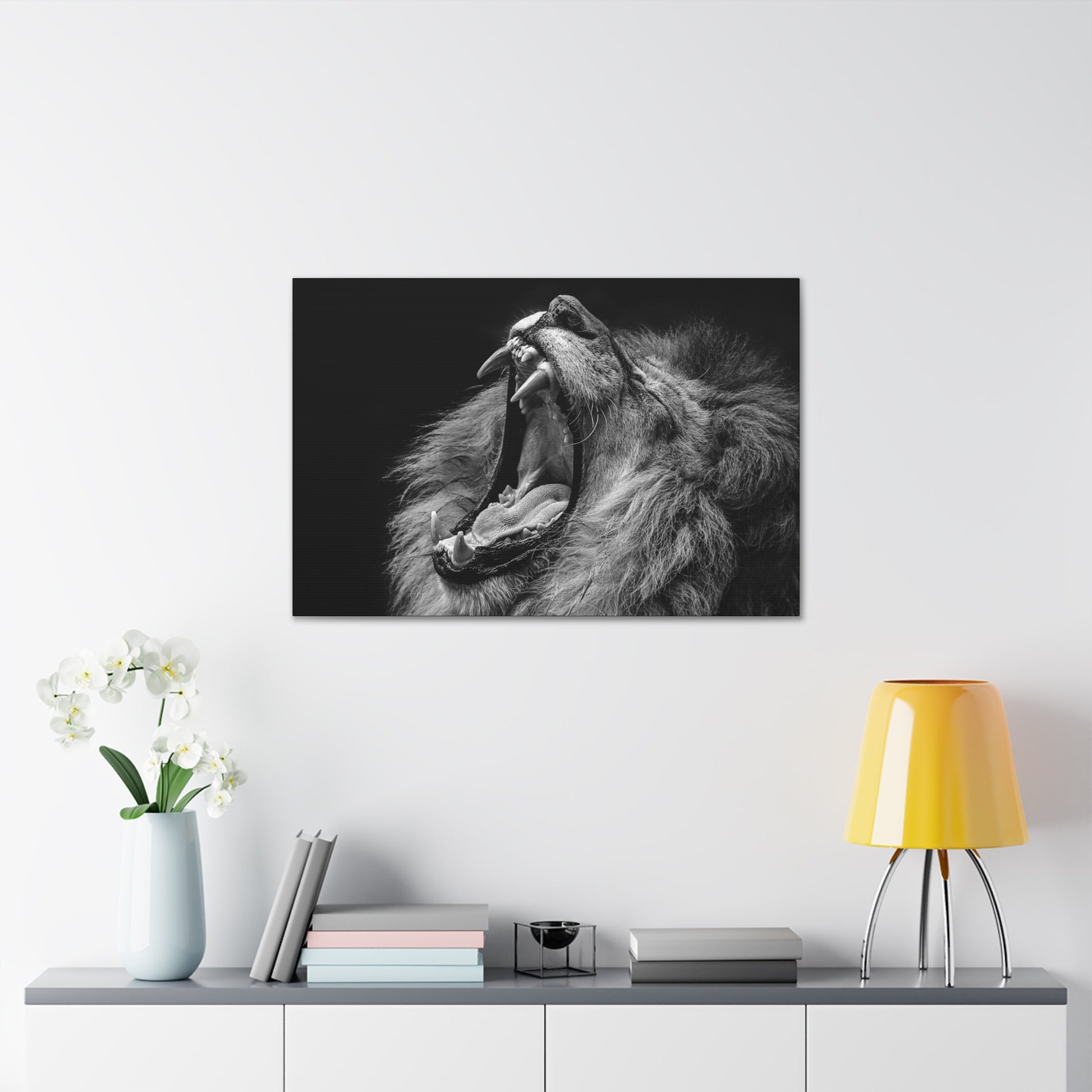 "Monochrome Roar – Black & White Lion Wall Art on canvas, acrylic, and metal – front view featuring a roaring lion."
