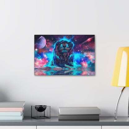 "Cosmic King – Multicolor Lion Over Galaxy Wall Art on canvas, acrylic, and metal – front view featuring a vibrant lion portrait against a deep-space galaxy."