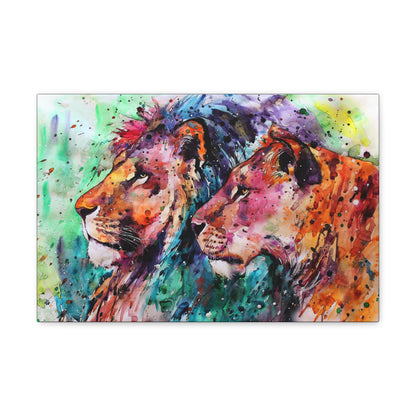 "Royal Bond – Vibrant Male & Female Lion Wall Art on canvas, acrylic, and metal – front view featuring a beautifully colored lion and lioness."
