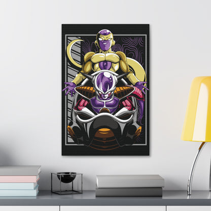 "Dual Power – Golden Freeza & Freeza in Throne Wall Art on canvas, acrylic, and metal – featuring both Freeza’s golden transformation and his classic form in his chair."
