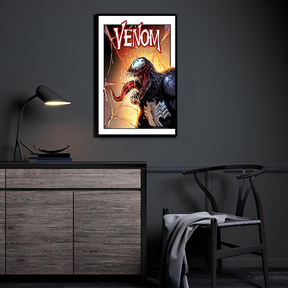 Venom snarling with tongue out and webs behind him, 11x17 comic print