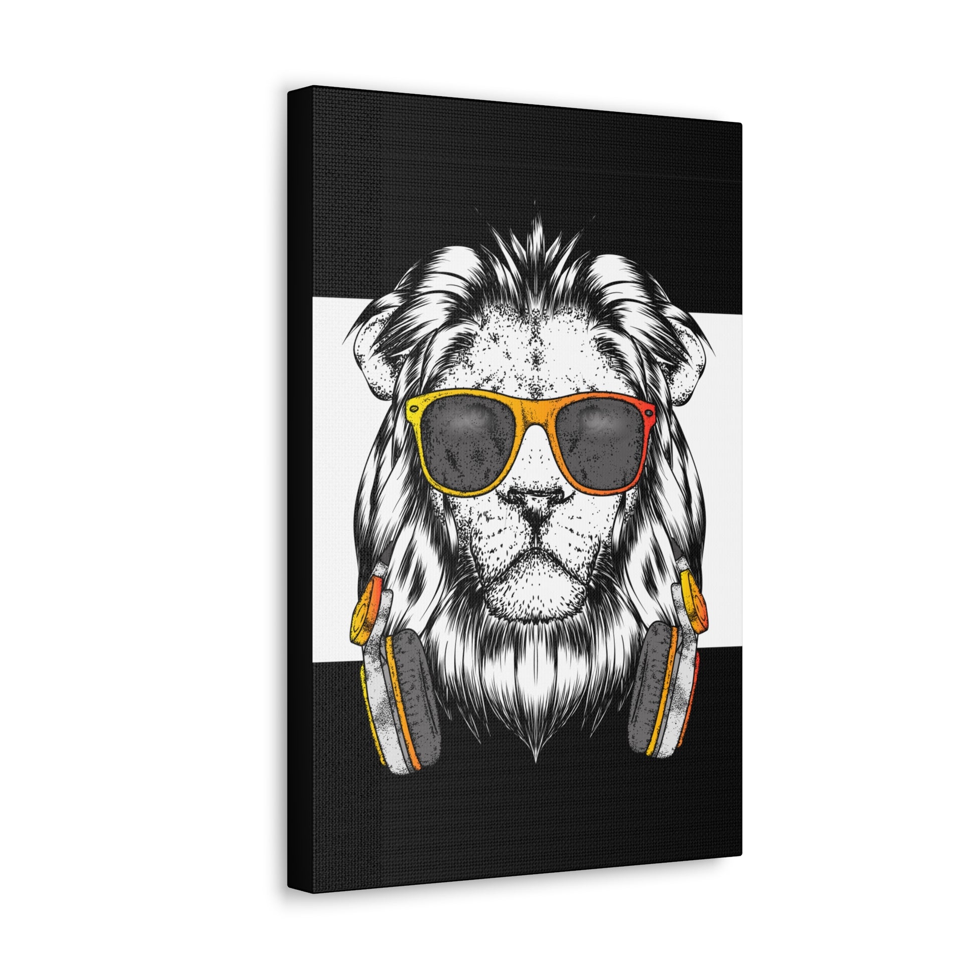 "Cool Lion with Headphones & Shades Wall Art on canvas, acrylic, and metal – front view of urban music-inspired design"
