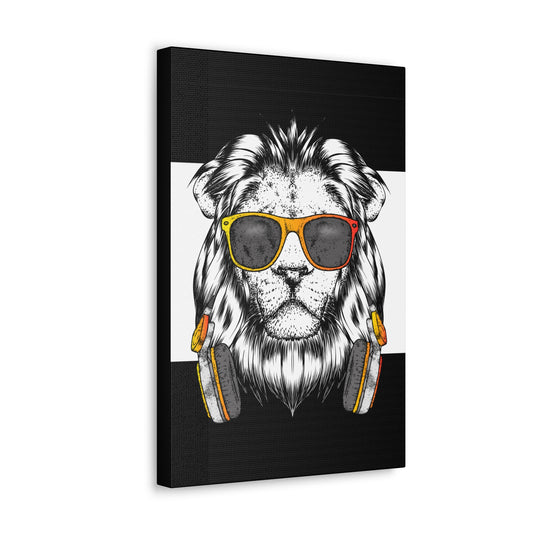 "Cool Lion with Headphones & Shades Wall Art on canvas, acrylic, and metal – front view of urban music-inspired design"
