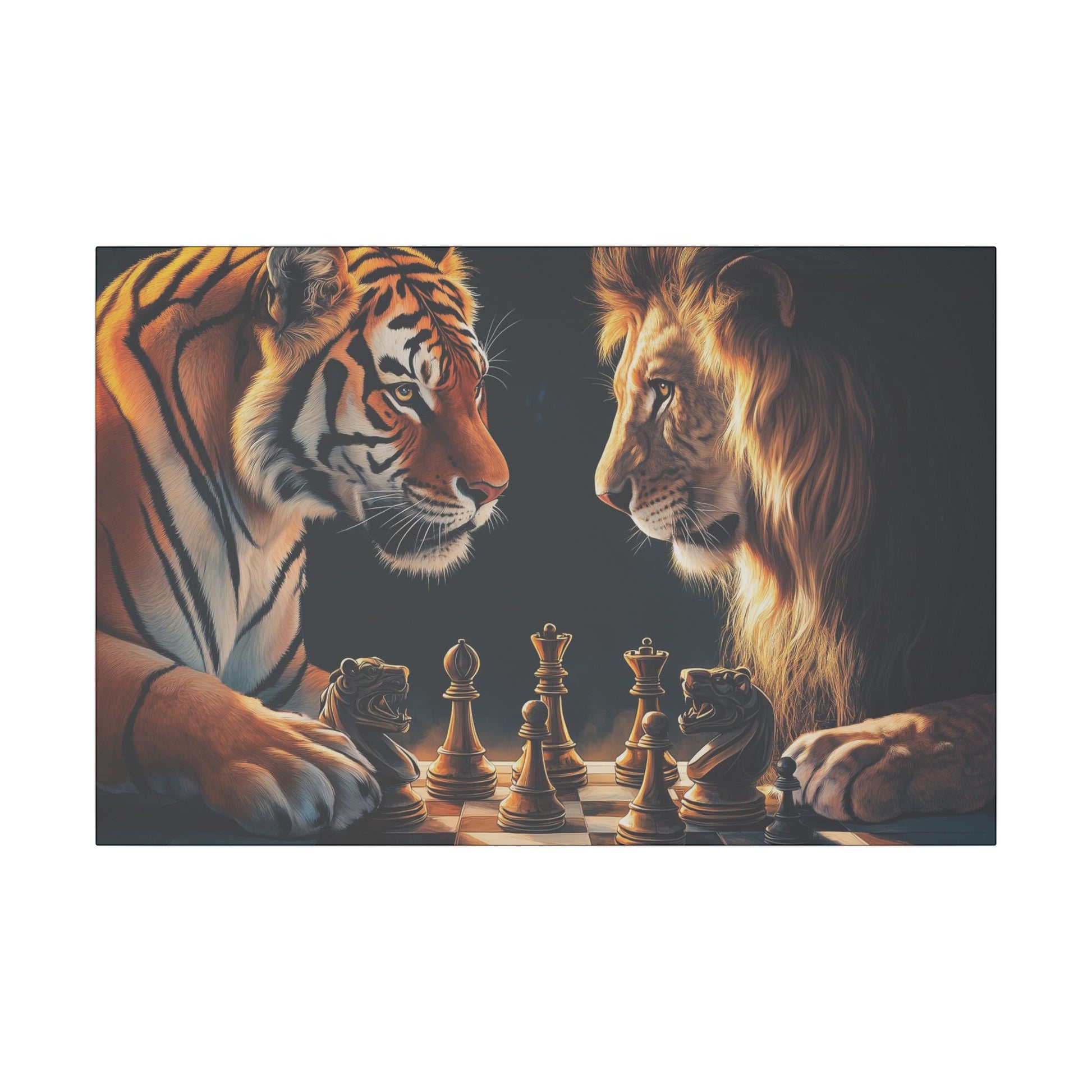 "Lion & Tiger Playing Chess Wall Art on canvas, acrylic, and metal – front view of symbolic wildlife strategy"
