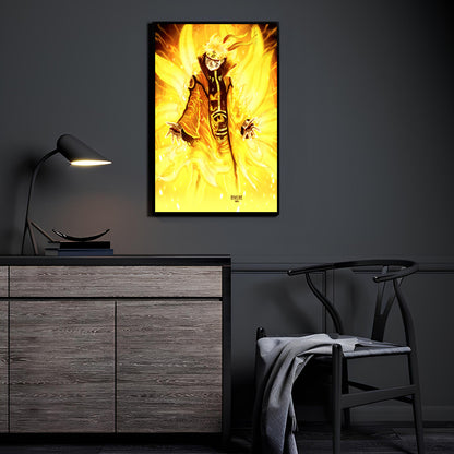 Naruto in Kurama Chakra Mode glowing gold with nine chakra tails, 11x17 anime print