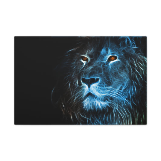 "Azure Majesty – Blue Line Art Lion Wall Print on canvas, acrylic, and metal – front view featuring a striking lion composed of bold blue lines."