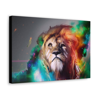 Prismatic King – Multicolor Mane Lion Wall Art on canvas, acrylic, and metal – front view featuring a vibrant, artistic lion with a colorful mane.
