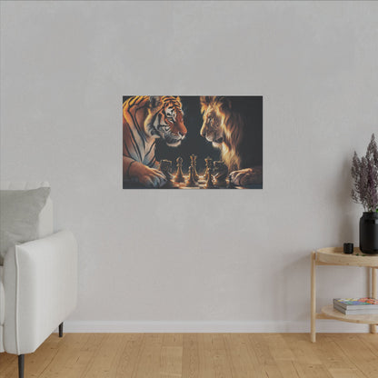 "Lion & Tiger Playing Chess Wall Art on canvas, acrylic, and metal – front view of symbolic wildlife strategy"
