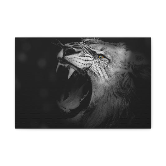 Roaring Legacy – Black and White Lion Wall Art on canvas, acrylic, and metal – front view featuring a fierce lion mid-roar in dramatic monochrome contrast.