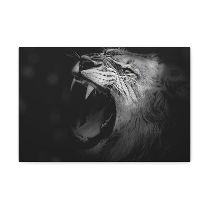 Roaring Legacy – Black and White Lion Wall Art on canvas, acrylic, and metal – front view featuring a fierce lion mid-roar in dramatic monochrome contrast.