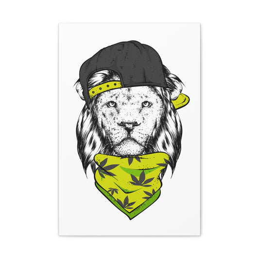 "Street Style Lion Wall Art on canvas, acrylic, and metal – front view featuring a lion with a sideways cap and bandana"