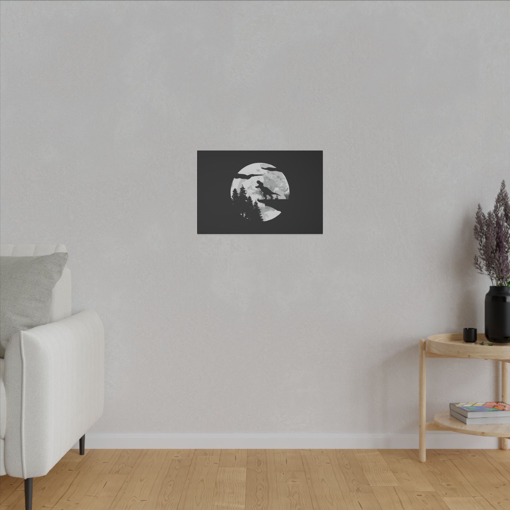 "T-Rex Silhouette Wall Art on premium canvas, acrylic, and metal – front view featuring a bold T-Rex silhouette"

