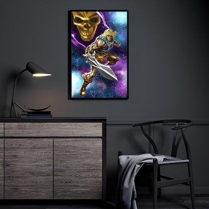 He-Man with sword ready, Skeletor glowing in background, 11x17 art print