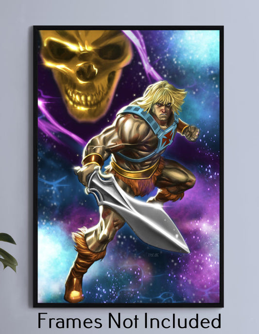He-Man with sword ready, Skeletor glowing in background, 11x17 art print