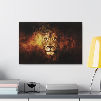 "Inferno King – Fiery Lion Head Illusion Wall Art on canvas, acrylic, and metal – front view featuring a roaring lion’s head emerging from flames."
