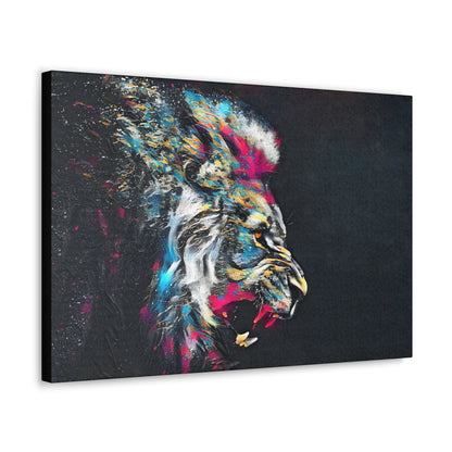 "Fury of the Wild – Colorful Snarling Lion Wall Art on canvas, acrylic, and metal – front view featuring a fierce, neon-colored lion baring its teeth."
