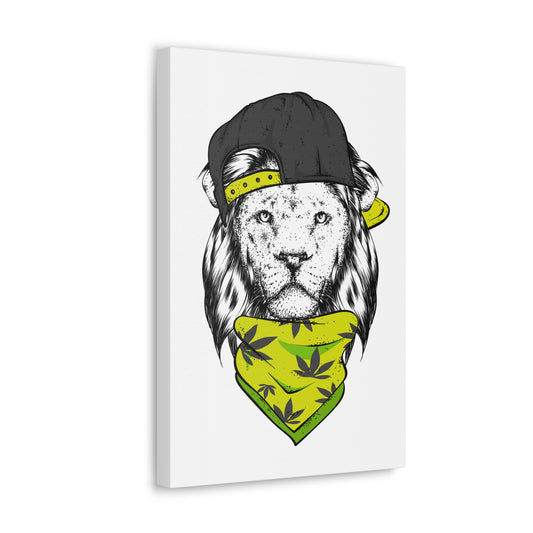 "Street Style Lion Wall Art on canvas, acrylic, and metal – front view featuring a lion with a sideways cap and bandana"
