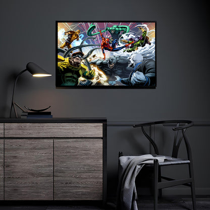 Spider-Man battles Doctor Octopus, Rhino, Mysterio, Electro, Sandman, and Scorpion in comic action, 11x17 print