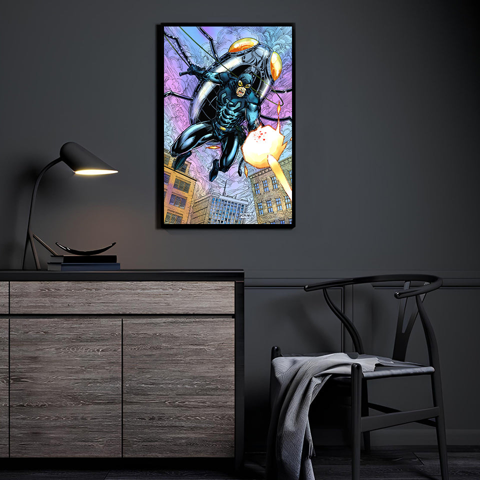 Blue Beetle–inspired hero diving past an exploding airship over city rooftops; art by Ray Racho.
