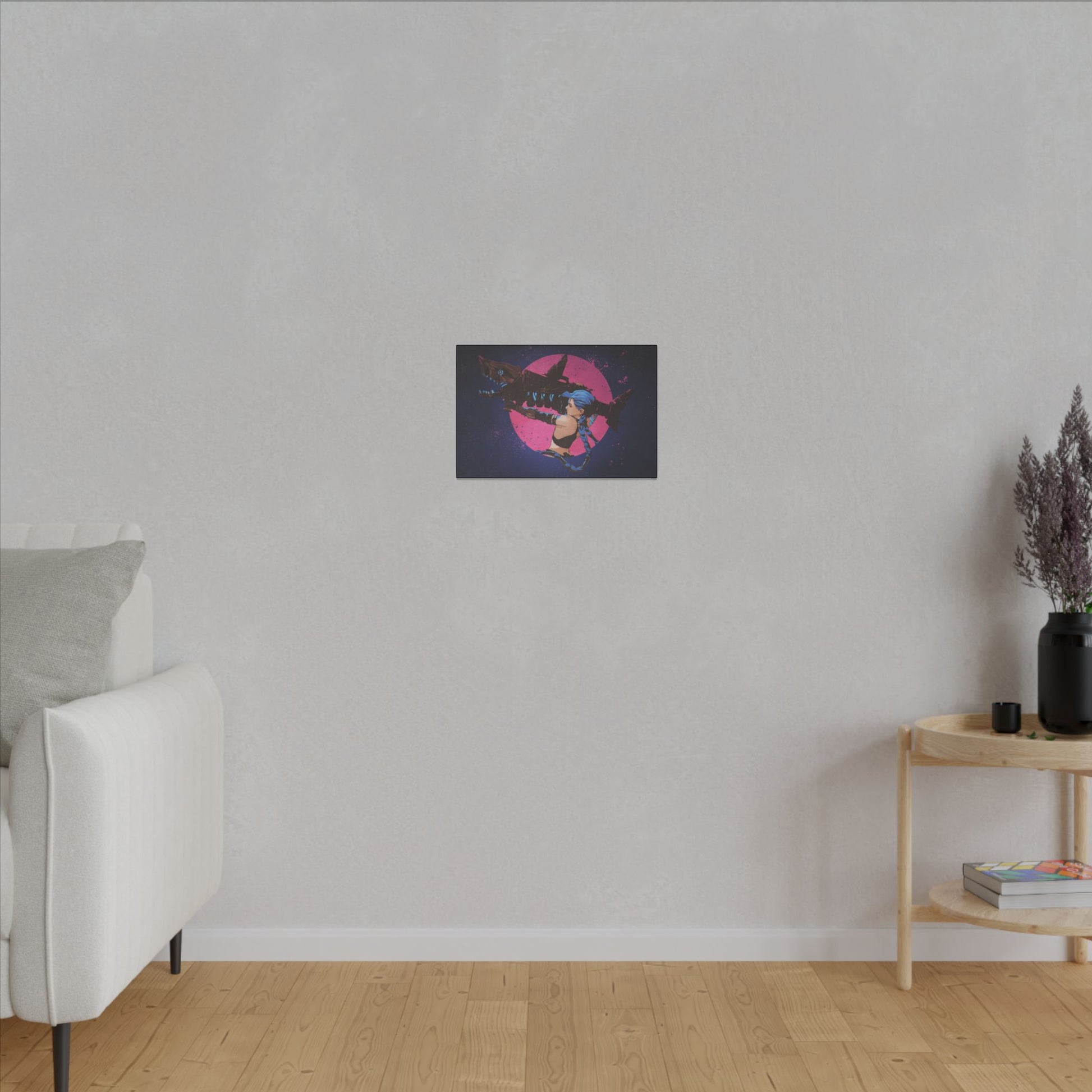 "Jinx from Arcane Wall Art on premium canvas, acrylic, and metal – front view featuring the edgy character Jinx"
