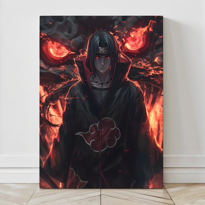 4x36 canvas of Itachi in Akatsuki robe with burning Susanoo behind him – Snapping Turtle Gallery