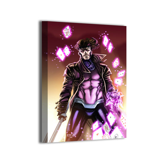 X-Men’s Gambit with kinetic energy cards in glowing pink light, 12x18 canvas