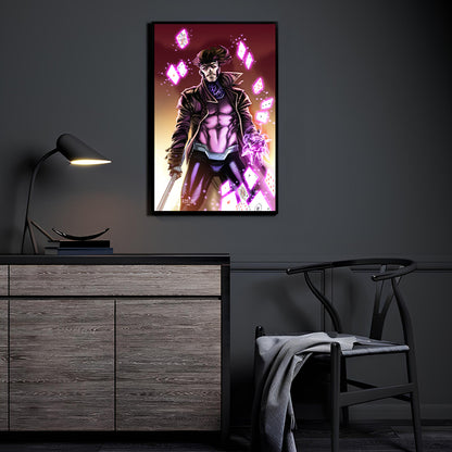Gambit throwing cards mid-charge in comic battle stance, 16x24 canvas wall art