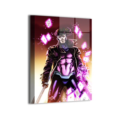 Marvel’s Gambit wielding glowing pink cards and staff, 12x18 metal print