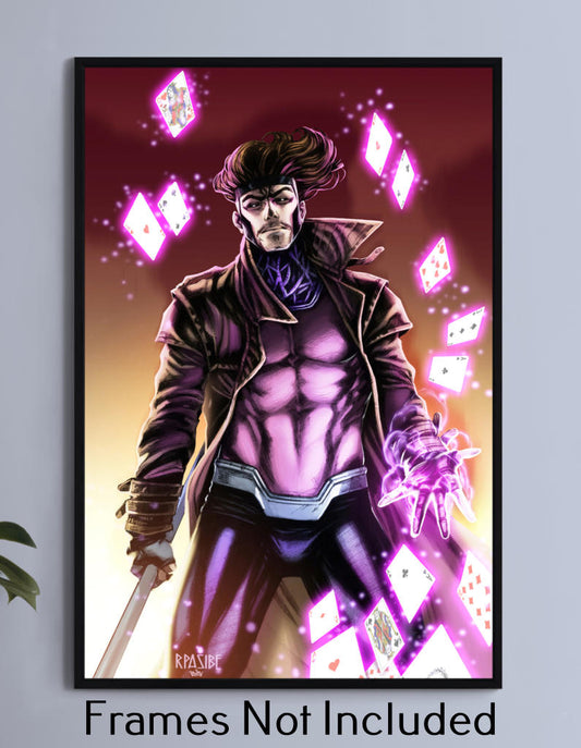 Gambit mid-pose with glowing cards, staff in hand, and kinetic energy aura, 11x17 print