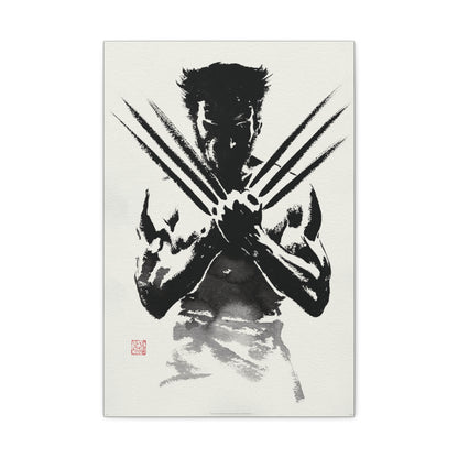"Samurai Spirit – Black & White Japanese Watercolor Wolverine Wall Art on canvas, acrylic, and metal – front view featuring Wolverine in an ink-wash samurai stance."
