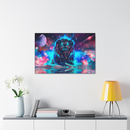 "Cosmic King – Multicolor Lion Over Galaxy Wall Art on canvas, acrylic, and metal – front view featuring a vibrant lion portrait against a deep-space galaxy."
