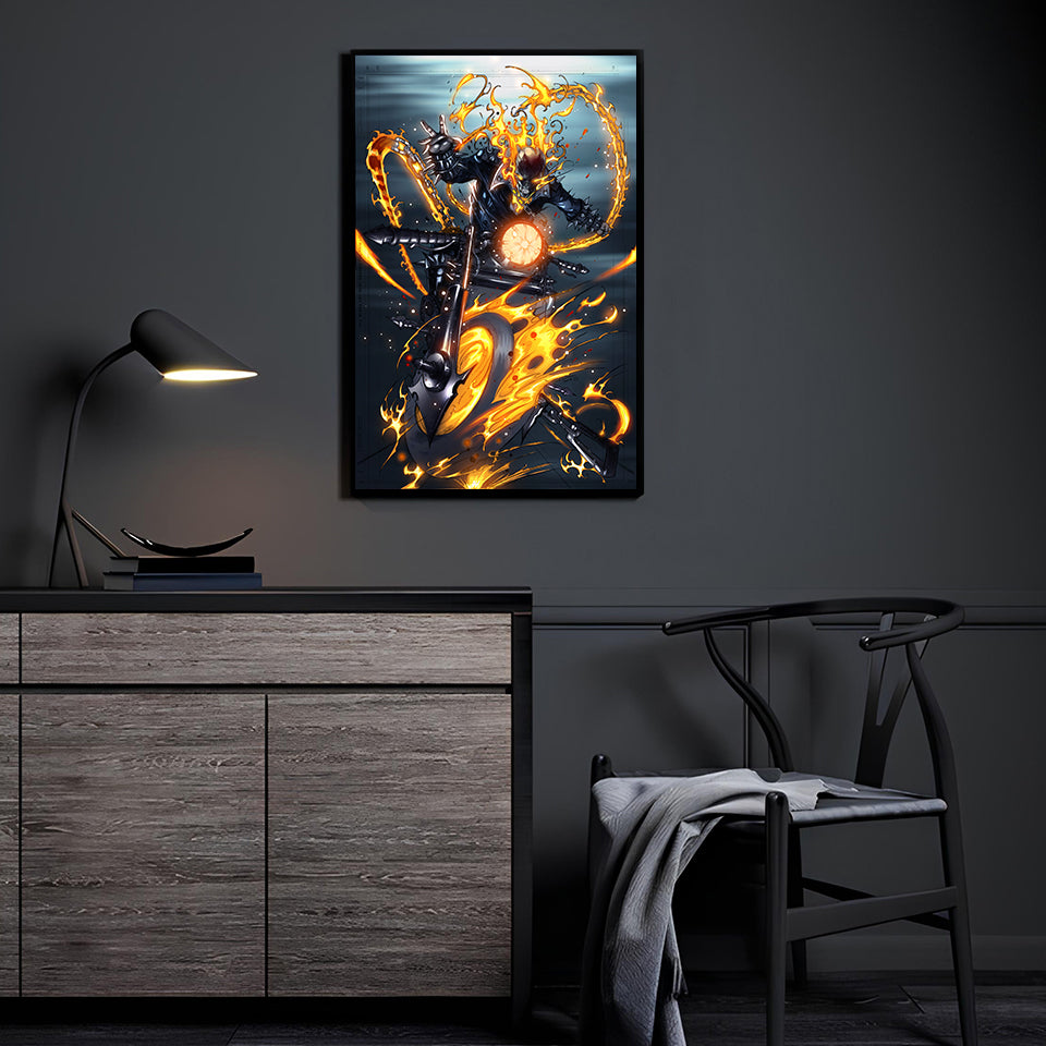Poster print of Ghost Rider riding a flaming motorcycle with chains flying  
