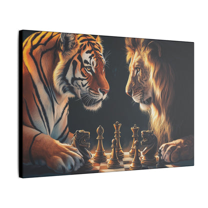 "Lion & Tiger Playing Chess Wall Art on canvas, acrylic, and metal – front view of symbolic wildlife strategy"
