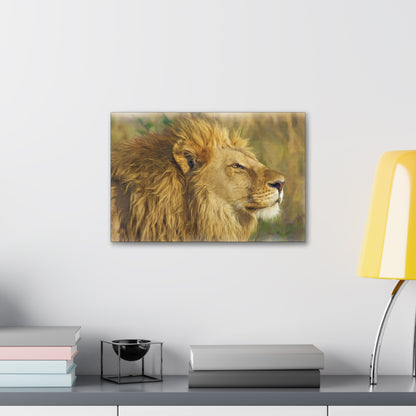 "King of the Plains – Lion in the Savanna Wall Art on canvas, acrylic, and metal – front view featuring a majestic lion surveying the grasslands."
