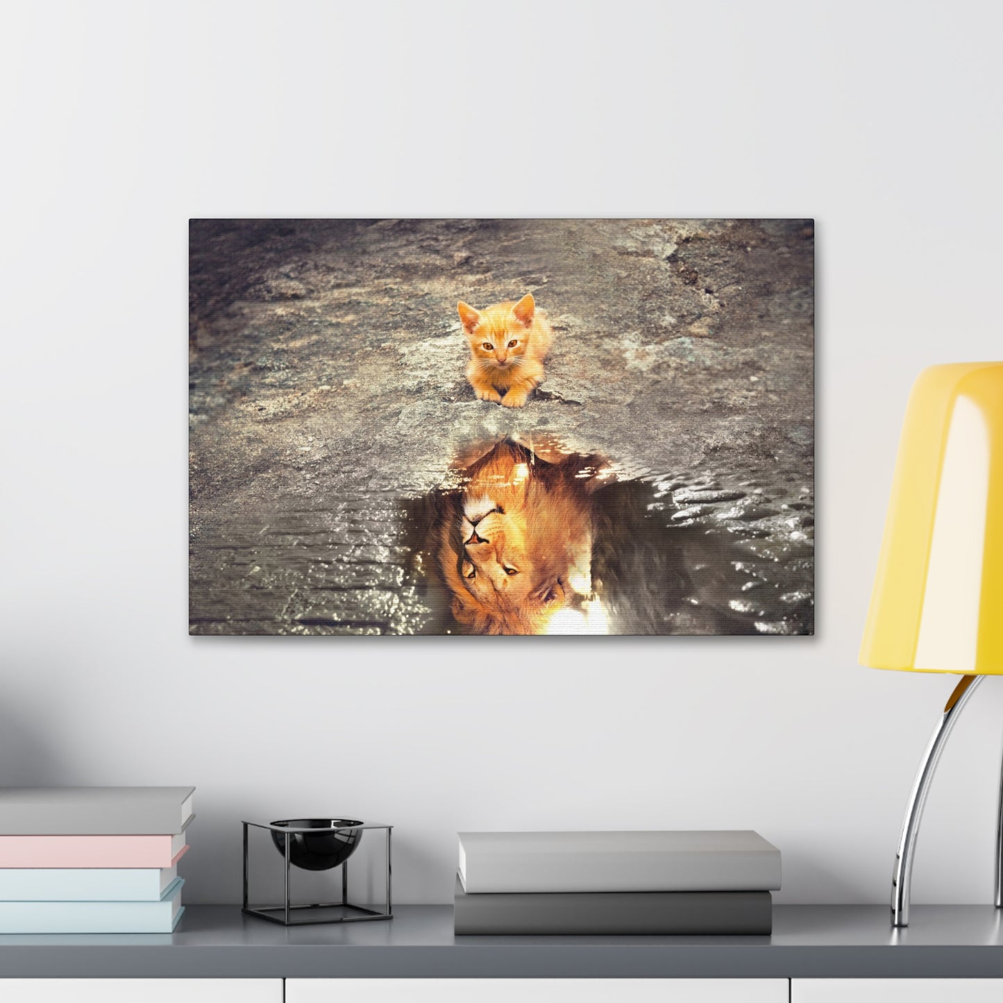 Dream Big – Kitten with Lion Reflection Wall Art on canvas, acrylic, and metal – front view featuring a kitten looking at its reflection, which appears as a lion.
